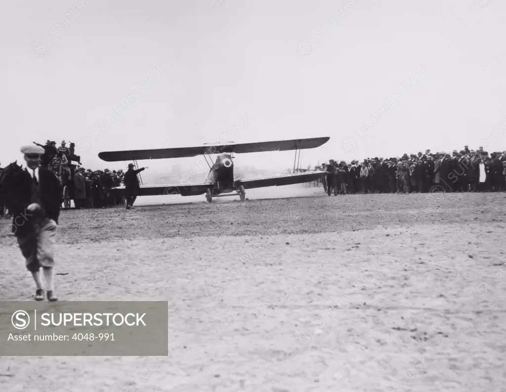 Leon D. Cuddeback of United Airlines takes off in his Swallow airplane from Boise, Idaho with 202 pounds of mail in the first scheduled airline flight in history, April 6, 1926