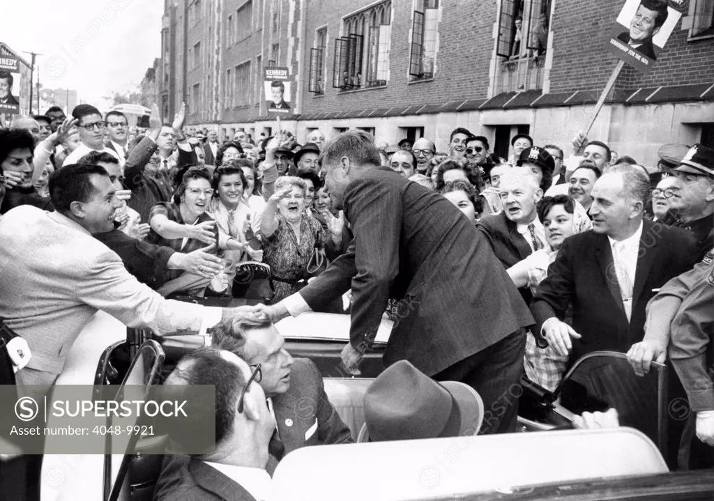 Democratic Presidential nominee John Kennedy campaigning. Oct. 1960.
