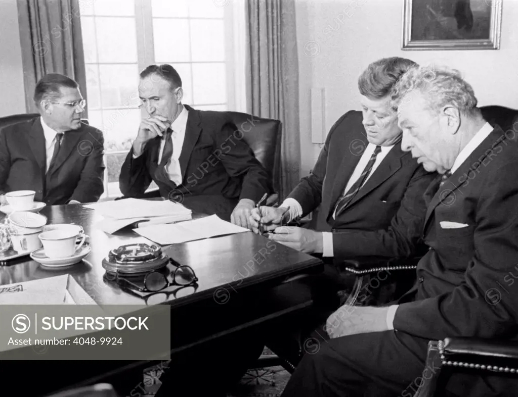 1963 Test Ban Treaty. President John Kennedy meets with Senate leaders to get bipartisan support for the nuclear test ban treaty. L-R: Secy of Defense, Robert McNamara, Senate Democratic leader Mike Mansfield, President Kennedy, and GOP Senate leader Everett Dirksen.