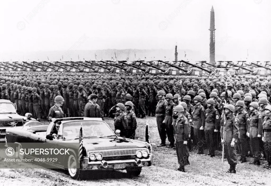 President John Kennedy inspects 15,000 US troops in West Germany. Soldiers and tanks at Fliegerhorst Kaserne Army Base were part of the NATO forces in West Germany during the Cold War. June 25, 1963.