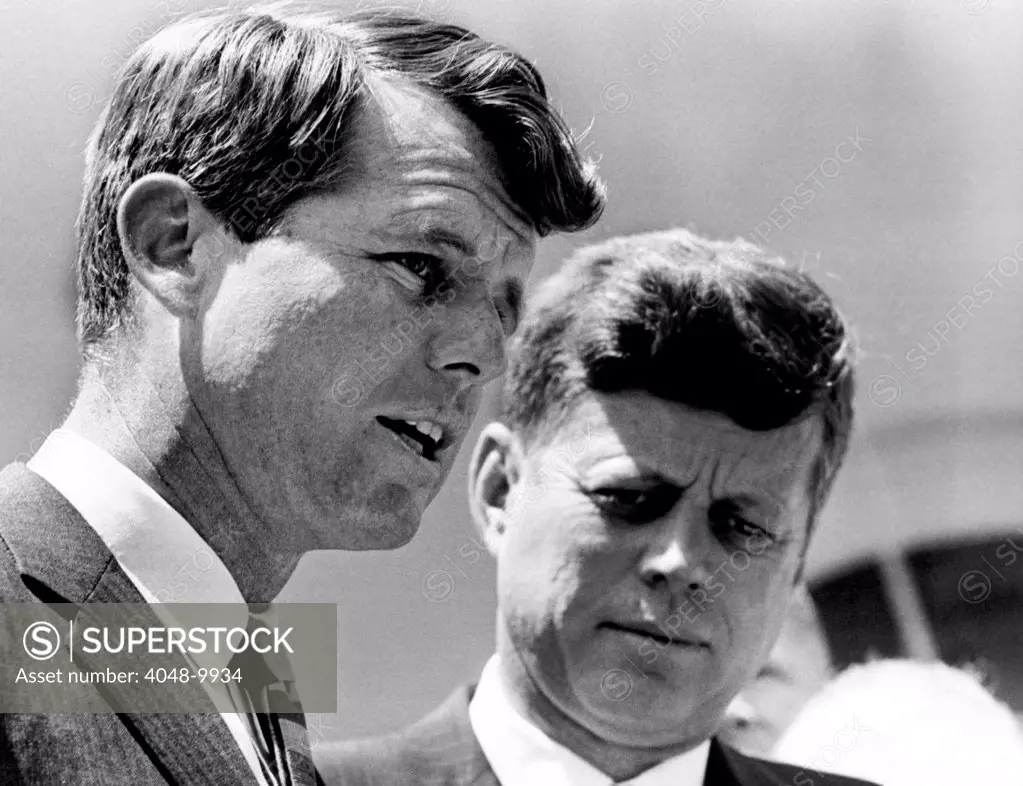 President John Kennedy and Attorney General Robert Kennedy during ceremonies honoring the bravery of young African Americans. A few days earlier, black school children were jailed for protesting against racial discrimination at Birmingham, Alabama's city hall. May 7, 1963.