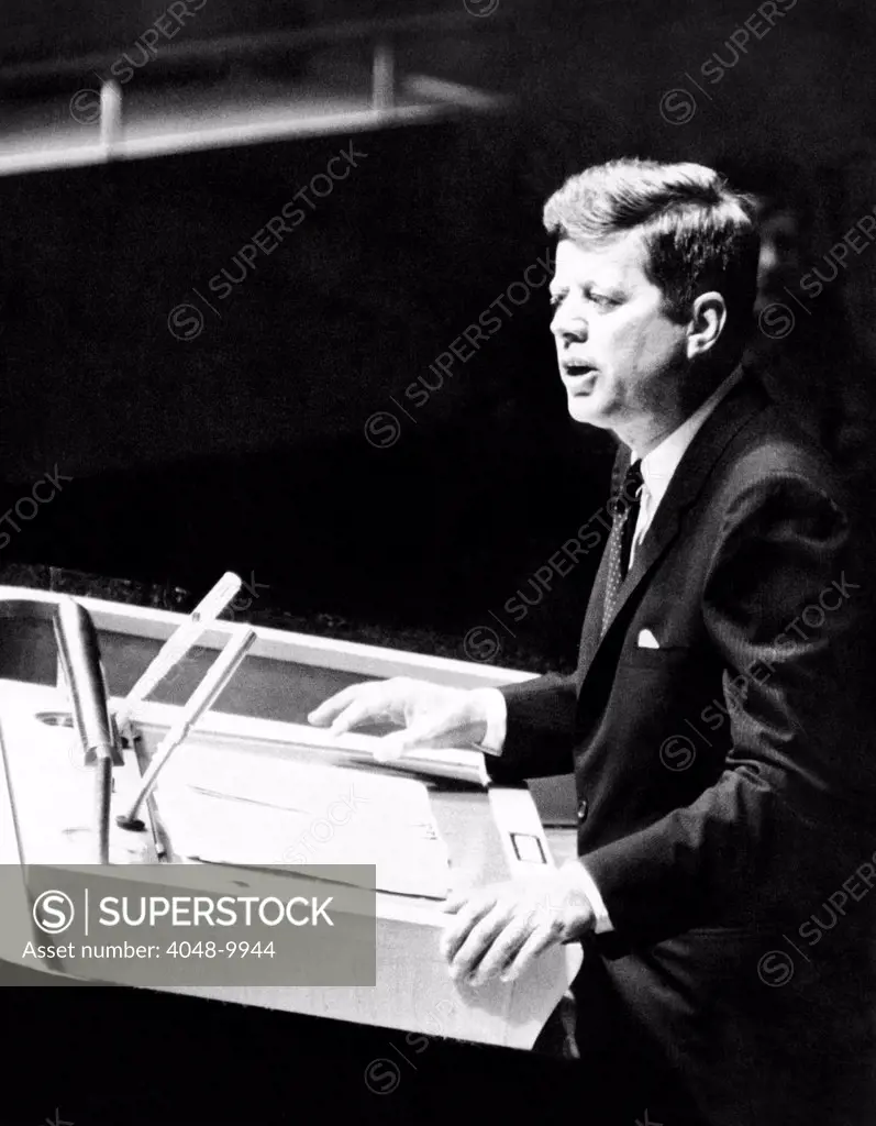 President John Kennedy addresses the UN General Assembly a month before the Cuban Missile Crisis. Sept. 25, 1962.