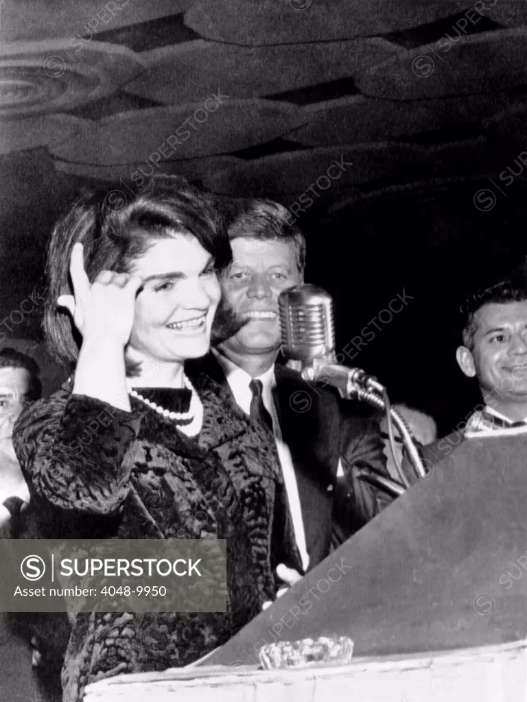 Jacqueline Kennedy speaking in Spanish to the League of United Latin American Citizens. She and President Kennedy were at banquet on November 21, 1963 in Houston, Texas. The following day, JFK was assassinated.