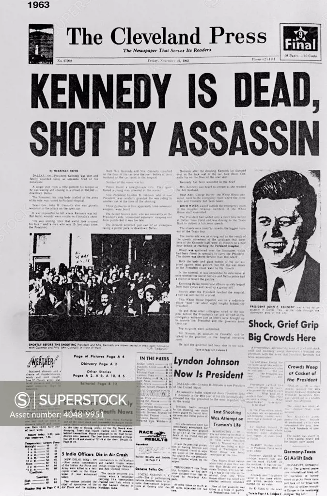 Kennedy assassination headline. Cleveland Press front page reporting President John Kennedy's Assassination.