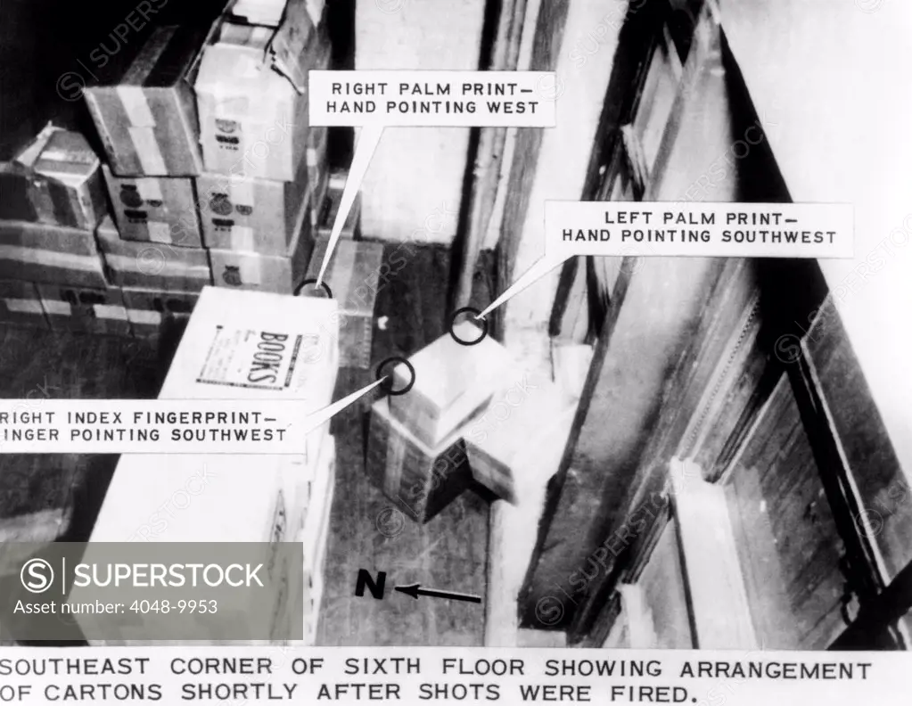 Warren Commission Exhibit. Lee Harvey Oswald's Sniper's nest. JFK's assassin left forensic evidence on the cartons in the southeast corner of the sixth floor of the Texas School Book Depository in Dallas. Nov. 22, 1963.