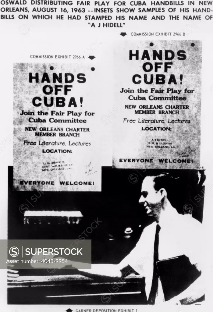 Warren Commission Exhibit. JFK assassin Lee Harvey Oswald distributing Fair Play for Cuba handbills on which he had stamped his name and the name A. J. Hidell.