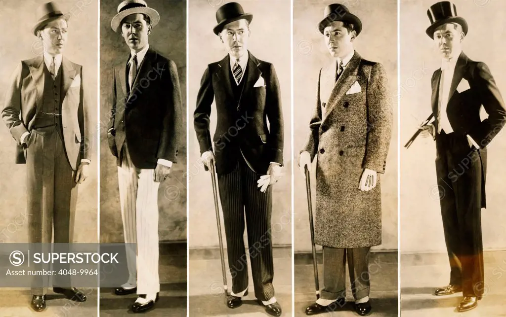 The well dressed man's wardrobe in 1929. L-R: Business suit, Sporting wear, Afternoon dress suit, Tweed overcoat, and a tuxedo for formal evenings.