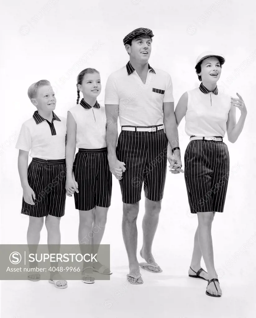 Jantzen sportswear presented the summer wear as 'Regimental Stripes' for the whole family. 1957.
