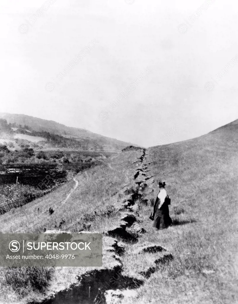 California Earthquake, 1906. Looking north along surface trace of San Andreas fault, two miles north of Skinner Ranch Olema, Marn County, California.