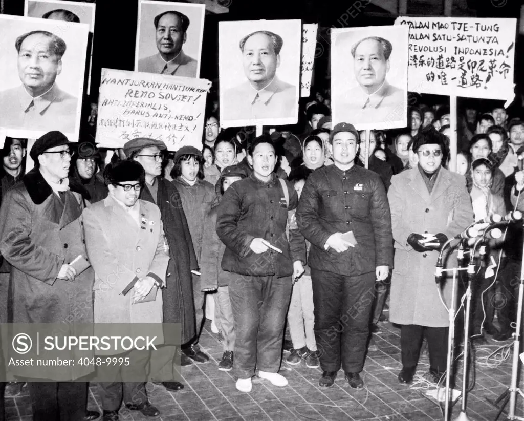 Beijing reception for Saur Sucrose (2nd from left), and Indonesian student recently expelled from the Soviet Union from Soviet Russia. Heading the reception is Yusuf Adjitorop (right), of the Indonesian Communist Party, and Liu Ning-Yi (left) of the Chinese Communist Party. March 1967.