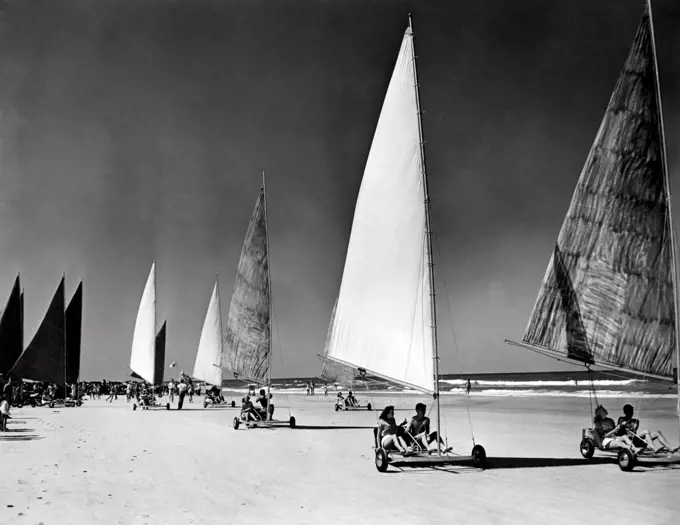 Seabrezze Regatta sand sailing on Daytona Beach, Florida. Daytona's wide beach of smooth, compacted sand attracted vehicles of all types. May 19, 1946.