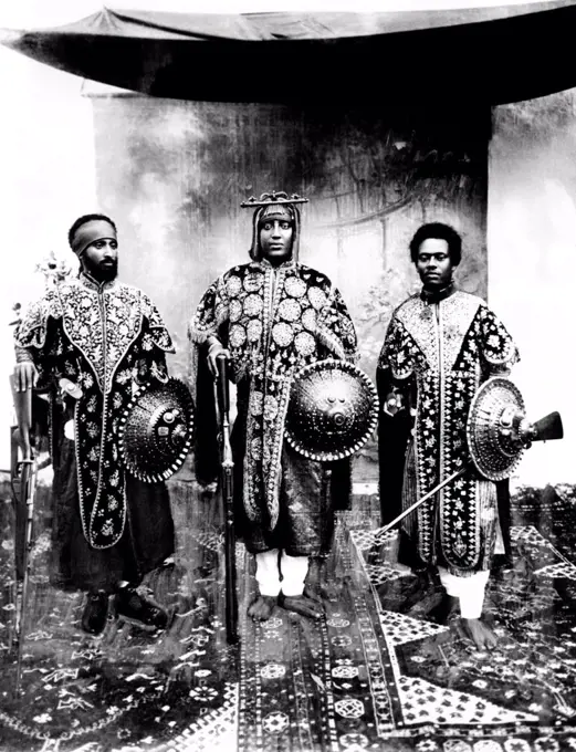 Future Emperor Haile Selassie (left) with Emperor Lidi Yassou, Emperor (center) and Iere Binu (a.k.a. Fataouarri Burow), ca. 1920s. Iere Biru was called back from disgrace for corruption during the Second Italo-Ethiopian War in 1935-36.