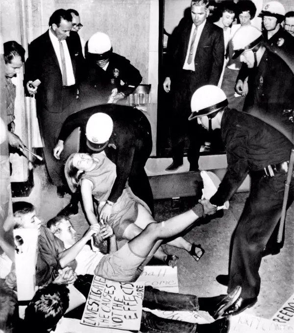 Congress of Racial Equality sit-ins at Los Angeles City Hall. Police arrest 16 protesters demanding the resignation of police chief William H. Parker. Many felt he contributed to the causes of the 1965 Watts Riots. August 24, 1965.