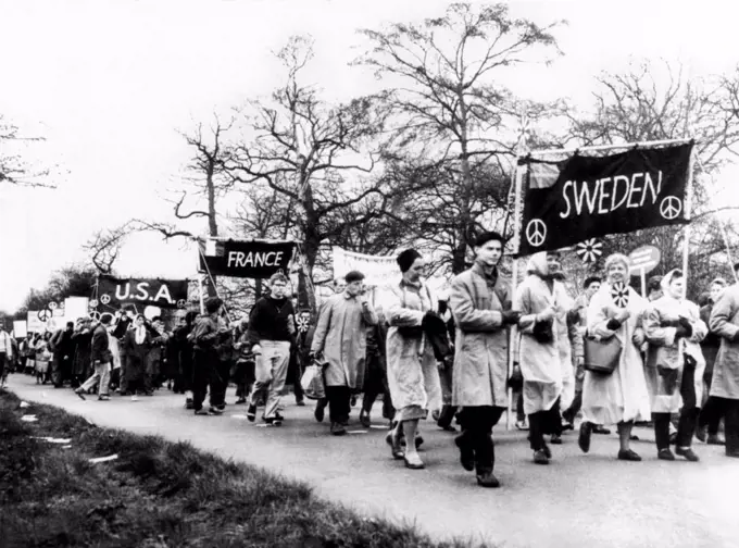 International Ban The Bomb march. 5,000 persons from Sweden, France, the United States and Japan and many other countries, start a 43-mile trek to protest the existence of nuclear weapons. The march Is expected to take four days. April 17,1960.