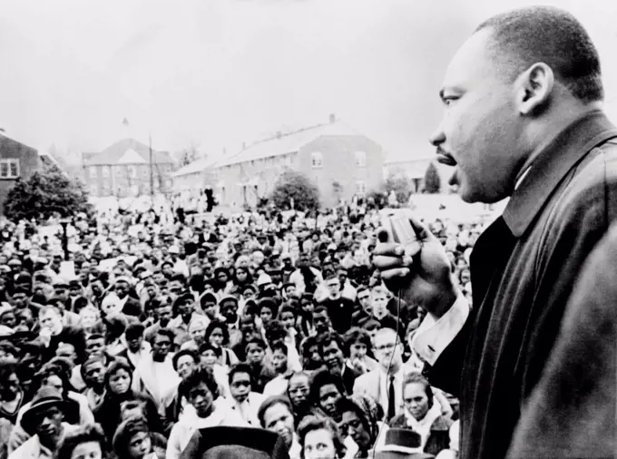 Martin Luther King addresses Selma demonstrators. The previous day 2,500 protested the police violence of 'Bloody Sunday,' on March 7, 1965,