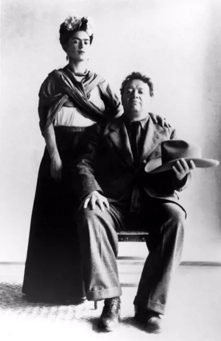Mexican artists Frida Kahlo with her husband Diego Rivera. Undated.