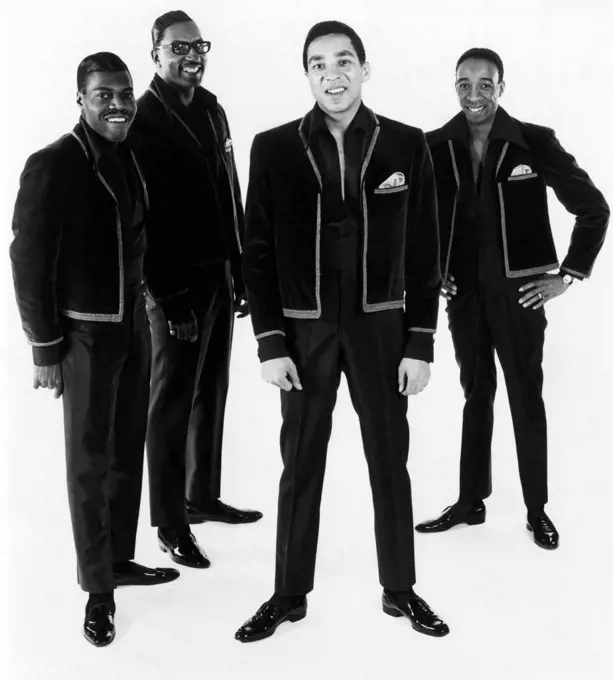 American R&B group The Miracles, L-R: Pete Moore, Bobby Rogers, Smokey Robinson, Ronald White, 1967.