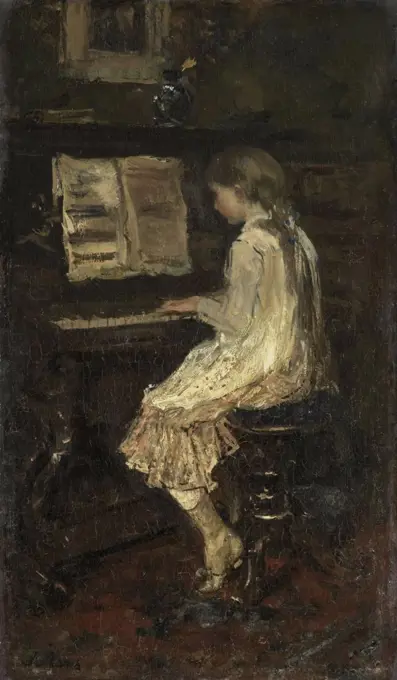 Girl at the Piano, by Jacob Maris, c. 1879, Dutch painting, oil on canvas. (BSLOC_2016_1_58)