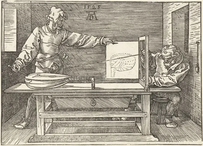 An Artist Draws a Lute, by Albrecht Durer, 1525, print, engraving. Artist conducting an experiment in rendering a lute in linear perspective (BSLOC_2016_2_124)