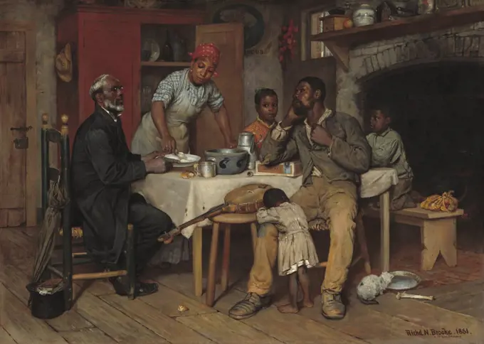A Pastoral Visit, by Richard Norris Brooke, 1881, American painting, oil on canvas. An African American family welcoming their elderly pastor to Sunday dinneróa frequent occurrence in both black and white rural parishes that could not afford parsonages. T (BSLOC_2016_6_170)