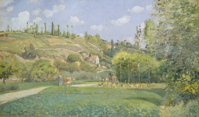 Cowherd at Valhermeil, Auvers-sur-Oise, by Camille Pissarro, 1874, French impressionist oil painting. The looser, smaller brushstrokes and lighter palette are typical of impressionist style (BSLOC_2017_3_54)