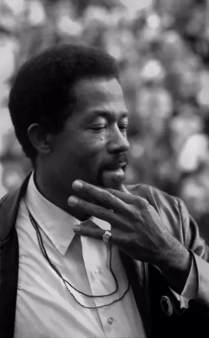 Eldridge Cleaver (1935-1998), Minister of Information for the Black Panther Party, and presidential candidate for the Peace and Freedom Party, by Marion S. Trikosko, Woods-Brown Outdoor Theatre, American University, Washington DC, October 18, 1968.