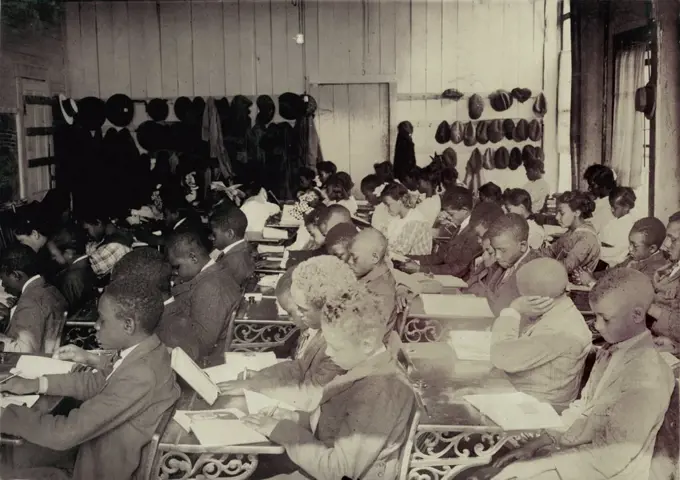 African American High School, original caption: '75 Sixth Grade children (colored) crowded into 1 small room in an old store building near Negro High School, with one teacher', Muskogee, Oklahoma, photograph by Lewis Wickes Hine, March, 1917.