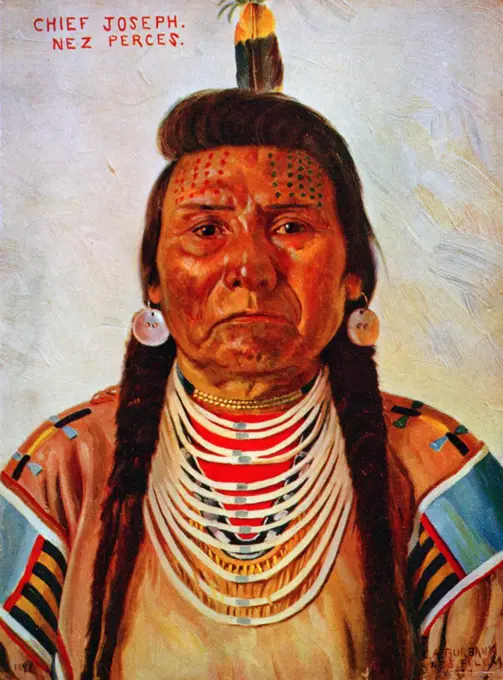 Chief Joseph, Nez Percé chief, head-and-shoulders portrait, facing front / E.A. Burbank, Nespelem, Wash, color halftone ca. 1897