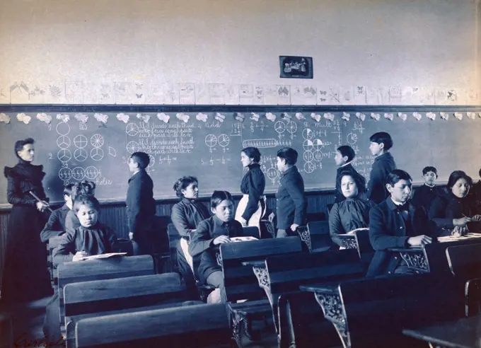 Native American students during mathematics class at Carlisle Indian School, Carlisle, Pa. Cyanotype by Frances Benjamin Johnston ca. 1901