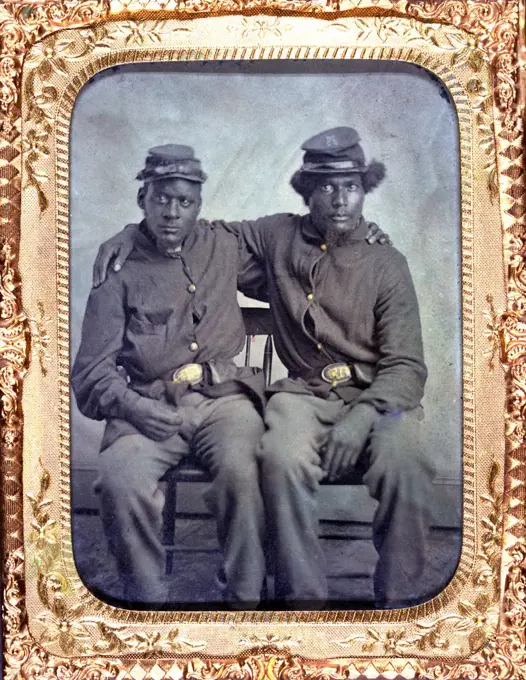 Two African American soldiers wearing Union uniforms. Tintype ca. 1860-1870