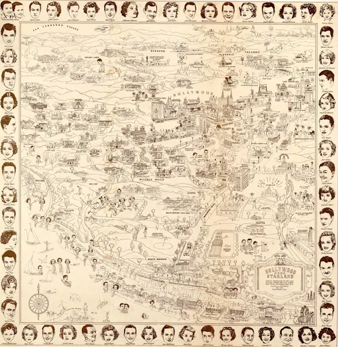 1937 pictorial map Hollywood Starland, official moviegraph of the land of stars, where they live, where they work and where they play. Border has portraits of top 1930's stars.