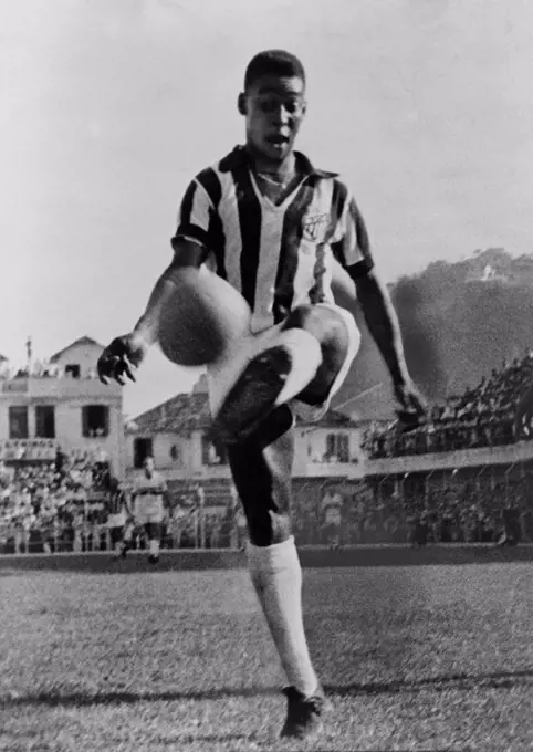 Pele (b. 1940), the Brazilian soccer player in 1965, at the height of his long career which included three World Cup championships.