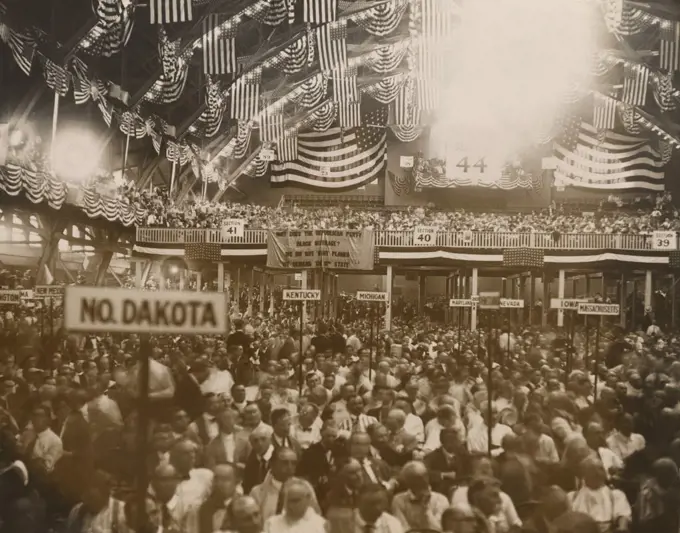 Republican Convention in Chicago, June 1920. In the background, a National Women's Party banner reads, 'Why does the Republican Party Block suffrage?' Within two months, the Tennessee legislature became the 36th state, making the 19th amendment part of the U.S. Constitution.