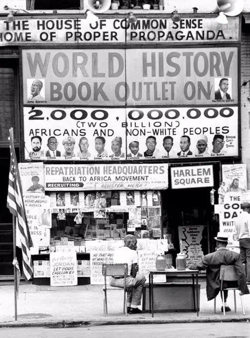 Harlem bookstore named 'The House of Common Sense and the Home  of Proper Propaganda'. On Seventh Avenue, between 125th and 126th Streets, it is recruiting office for the 'return to Africa movement'. July 24, 1964  