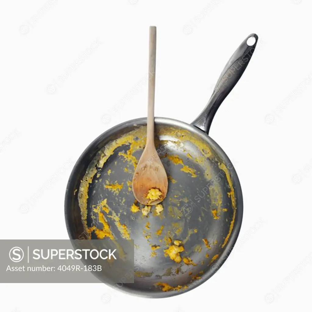 Close-up of an unwashed frying pan with a spoon
