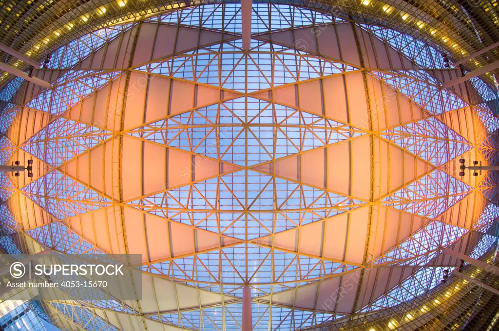 Bird's eye view of intricate illuminated ceiling in modern office building. Taipei, Taiwan. 06/16/2006