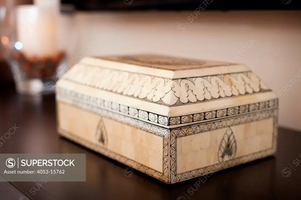 Close-up of a designed traditional box on table at home, Scottsdale, USA. Arizona, USA. 01/25/2013