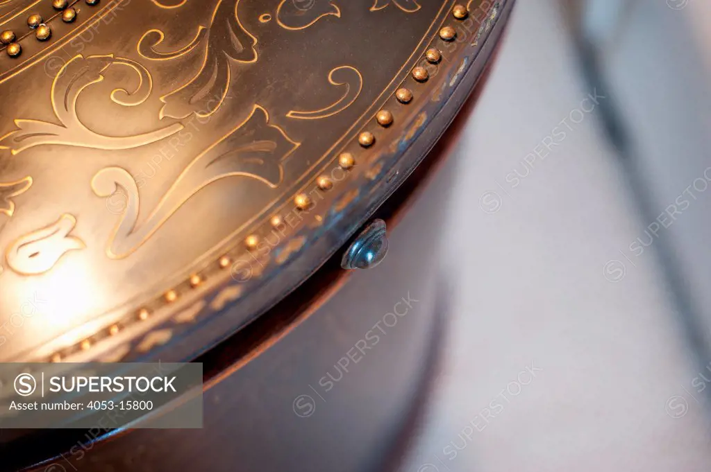 Close-up top view of knob at metal console table against blurred background, Scottsdale, USA. Arizona, USA. 01/25/2013
