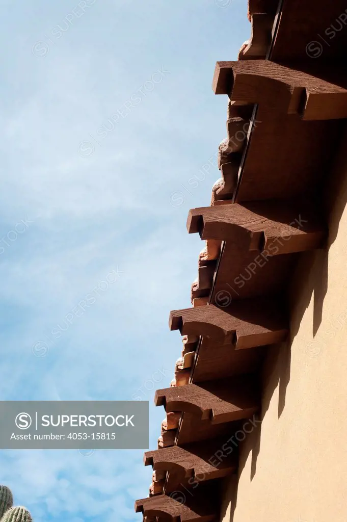 Detail shot of designed house roof against the sky, Scottsdale, USA. Arizona, USA. 01/25/2013