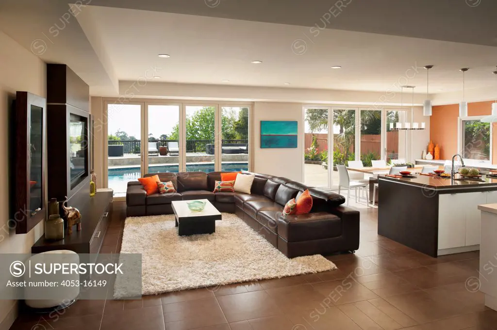 Spacious open plan modern house with living room and kitchen, West Palm Beach, USA. 05/03/2013