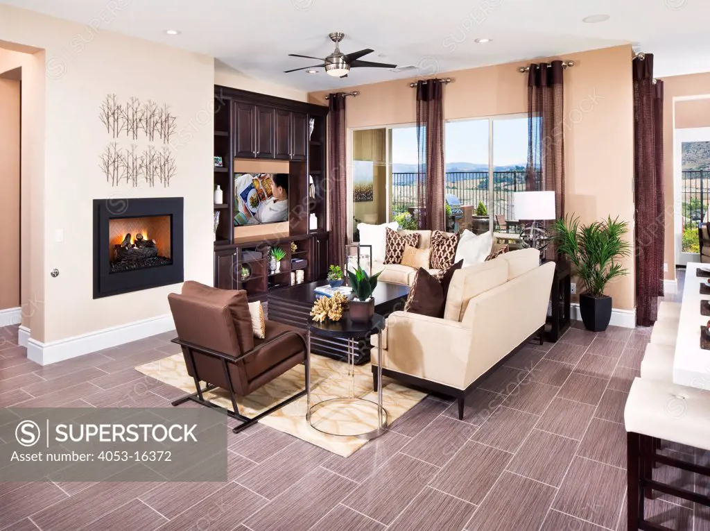 Contemporary living room with fireplace, Rancho Mission Viejo. 06/28/2013