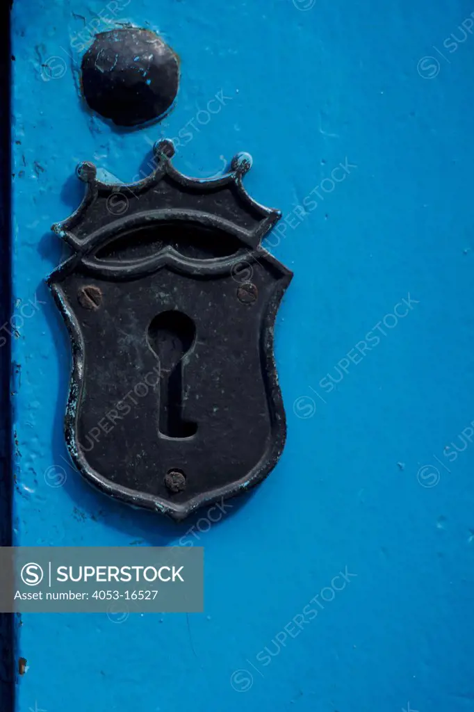 Close-up of blue door with keyhole, Havana, Cuba. 11/29/2010