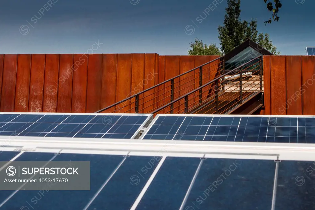 Solar panels on rooftop, Missoula, Montana, USA. 08/29/2013