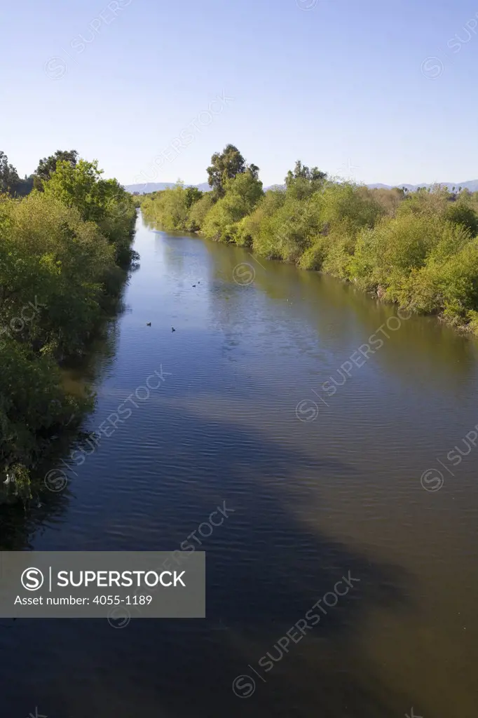 The Los Angeles River in the Sepulveda Basin Wildlife Area is one of only three unpaved sections of the River. San Fernando Valley, California, USA