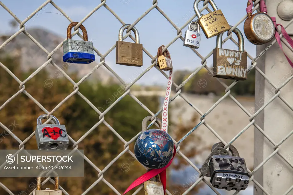 Love Locks adorn the Sunnynook Pedestrian Bridge over the Los Angeles River along the Glendale Narrows