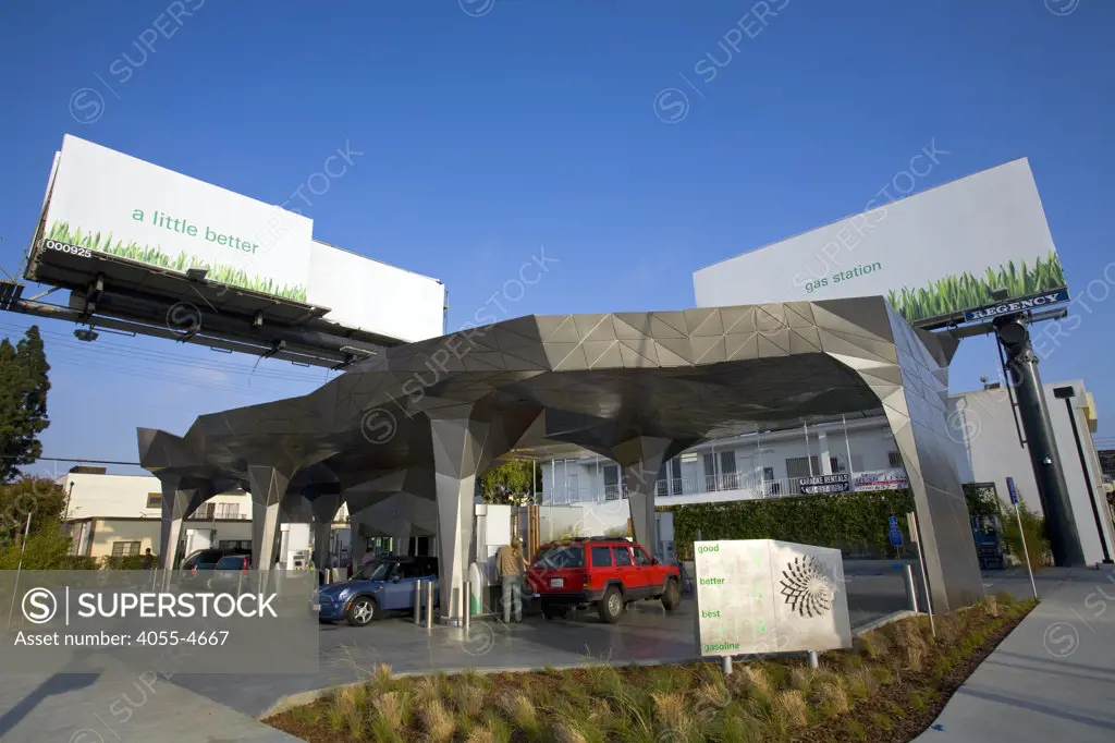 Helios House, BP 'Green' gas station, It has solar panels, low energy lighting, concrete mixed with recycled glass, and a rain collection system to irrigate plants nearby, Olympic and Robertson, Los Angeles, California, USA