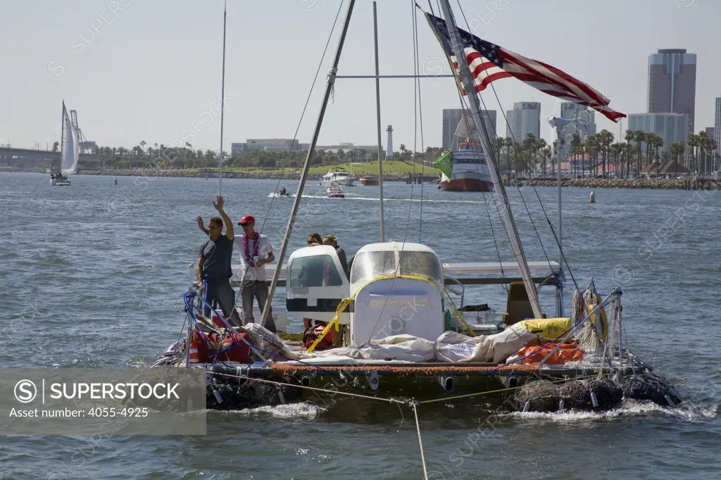 On Sunday June 1, the raft named ""Junk""  left Long Beach for its 2100 mile voyage to Hawaii to bring attention to the plastic marine debris (nicknamed the plastic soup) accumulating in the North Pacific Gyre.