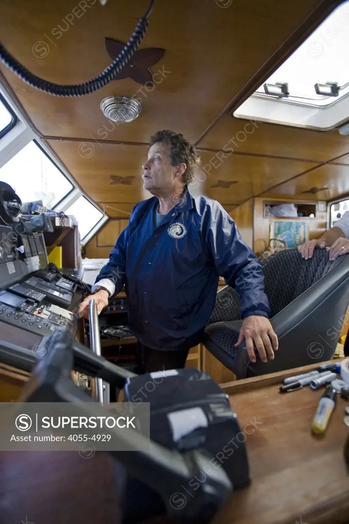 Captain Charlie Moore at the helm of the ORV (Ocean Research Vessel) Alguita. On Sunday June 1, the raft named ""Junk""  left Long Beach for its 2100 mile voyage to Hawaii to bring attention to the plastic marine debris (nicknamed the plastic soup) accumulating in the North Pacific Gyre. The raft was designed and will be sailed by Dr.
