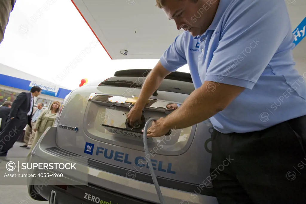 GM employee demonstrates refueling of GM's new Equinox SUV. On June 26, 2008, Shell opened California's first retail hydrogen car refueling station in West Los Angeles.