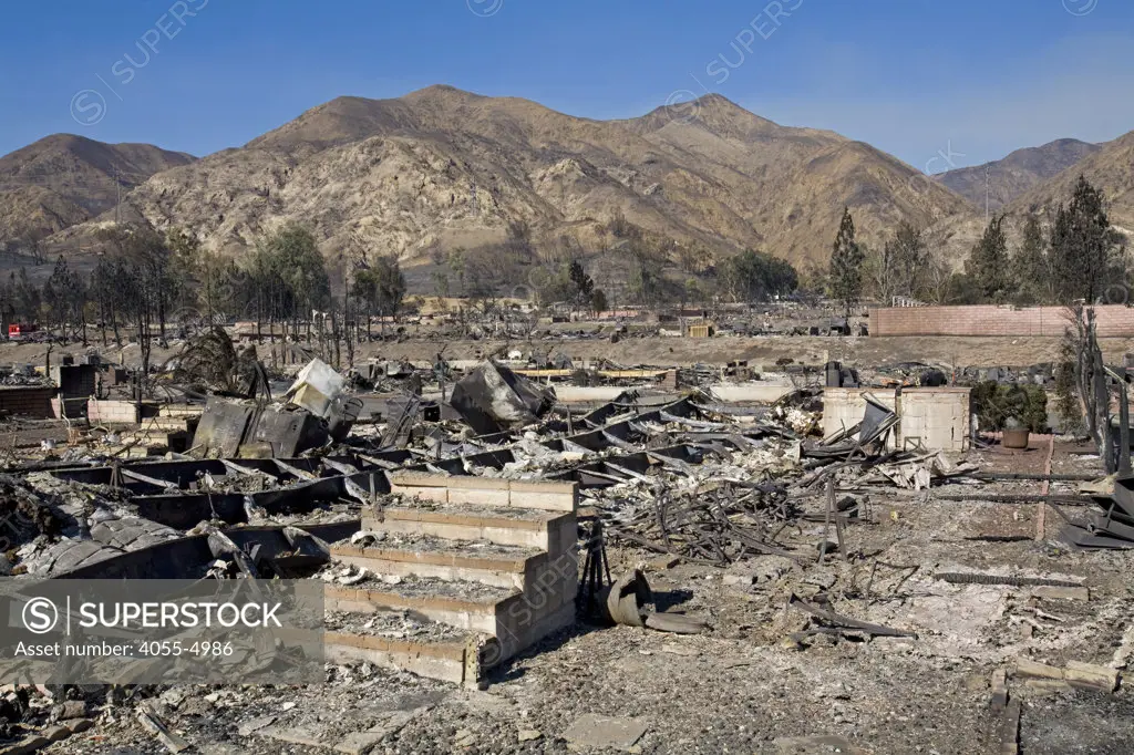Oakridge Trailer Park devastated after Sylmar Wildfire in November 2008, California, USA